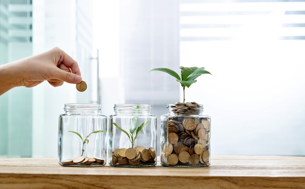 Woman putting coin in the jar with plant. Como elegir una agencia de subrogacion2